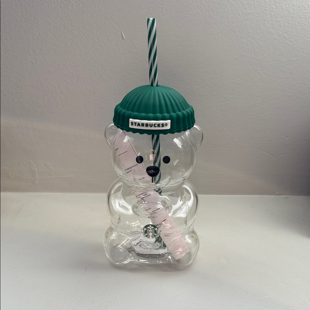 Starbucks Bear Shaped Clear Tumbler with Green Straw